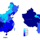 Urban at-home meat consumption based on yuan spent per capita (pork on the left; beef on the right). Note that beef dominates in the pastoral areas (and Muslim-heavy regions) in western China.